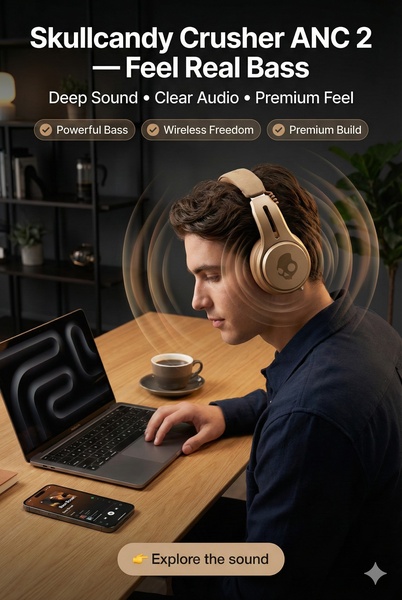 A high-quality lifestyle shot featuring a user wearing premium headphones, emphasizing deep bass and a clean workspace setup.