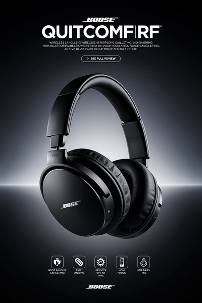 A clean, studio-lit display of wireless headphones highlighting key features through icons and text on a dark gradient background.
