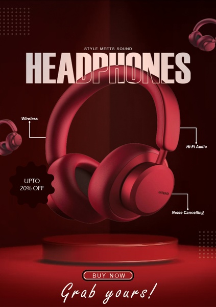 A high-impact, single-product advertisement showcasing wireless headphones against a deep red studio background with clean feature callouts.