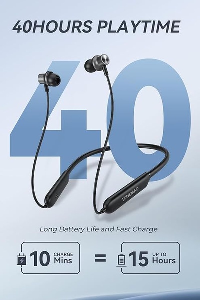 A high-contrast informational creative that uses bold typography to emphasize a core product benefit: 40 hours of playtime and rapid charging capabilities.