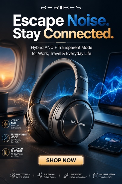 A high-contrast, benefit-led product creative showcasing noise-canceling headphones in a professional travel context.