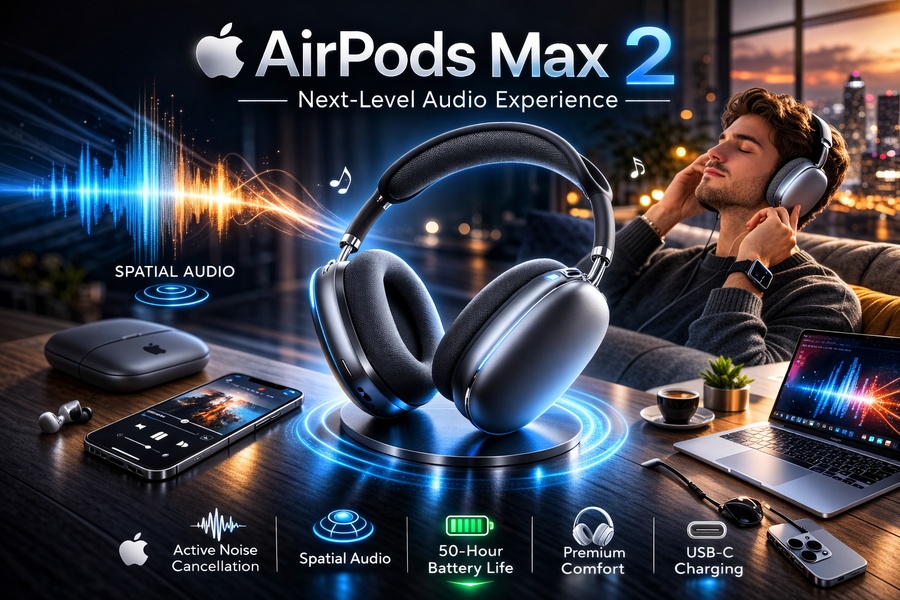 A high-end lifestyle shot featuring premium headphones in a dark, atmospheric setting with glowing blue accents that highlight technical audio features.