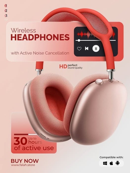 A clean, high-contrast product display focusing on key selling points like battery life and active noise cancellation in a vertical format.