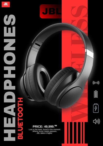 A high-contrast advertisement for wireless headphones using a bold red and black color palette to highlight product features and pricing.