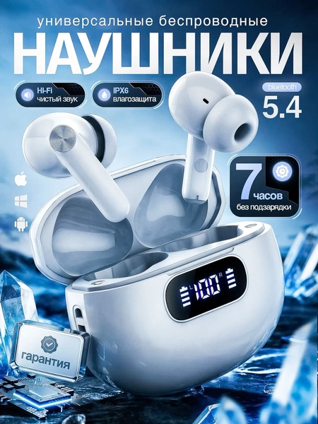 This creative showcases wireless earbuds with a high-contrast layout, emphasizing product specifications like battery life, IPX6 water resistance, and compatibility.