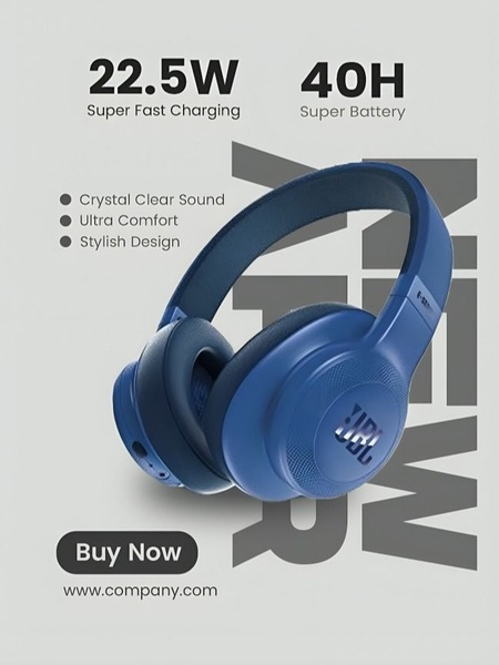 A clean, high-contrast digital ad displaying wireless headphones alongside key performance metrics including battery life and charging speed.