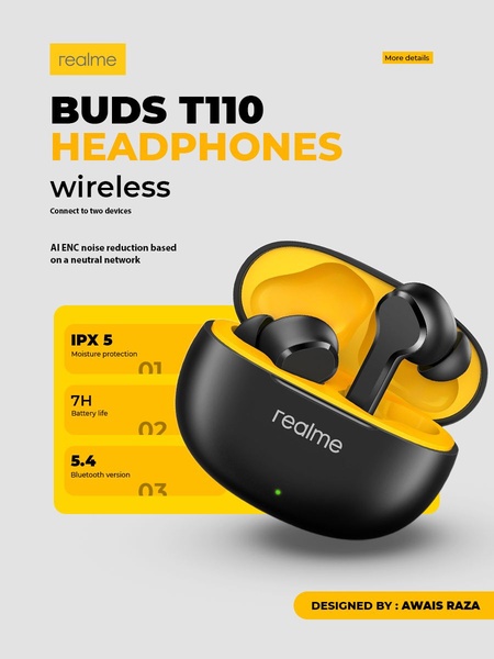 A clean, informative product card ad showing the wireless earbuds alongside core technical specs like battery life, IPX5 rating, and Bluetooth version.