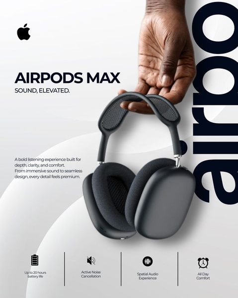 A high-quality product hero shot featuring the AirPods Max being held against a clean, minimalist background with feature icons below.