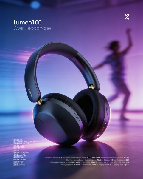 This creative displays high-end headphones centered against a vibrant neon backdrop to emphasize premium design and technical specifications.
