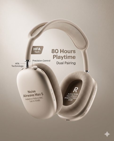 A clean, studio-lit display of wireless headphones using callout annotations to highlight technical specifications and ANC capabilities.