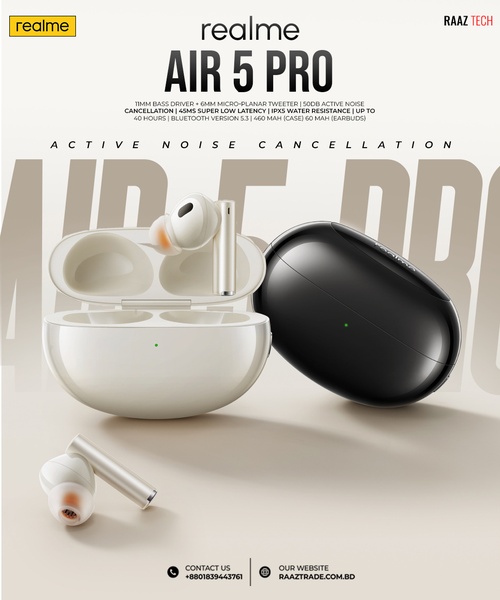 A clean, studio-lit display of wireless earbuds in both colorways, featuring a comprehensive list of technical specifications.