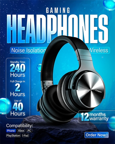 A high-contrast, feature-focused ad for gaming headphones that highlights technical specifications like battery life and compatibility using a sleek, blue-toned aesthetic.