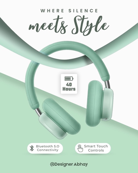 A clean, high-contrast product ad for wireless headphones featuring a pastel green theme and clearly highlighted technical features.