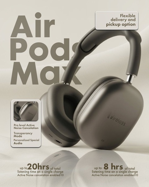 A clean, studio-lit display of premium wireless headphones highlighting key audio features and battery life specifications.