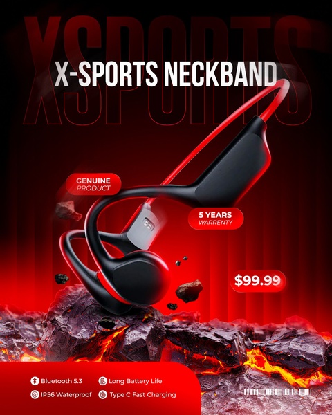 A high-impact 4_5 social ad featuring the X-Sports neckband against a dramatic, fiery volcanic backdrop to emphasize durability and performance.