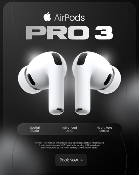 A high-contrast, minimalist promotional graphic showcasing the sleek design of wireless earbuds alongside key product features and a clear call to action.