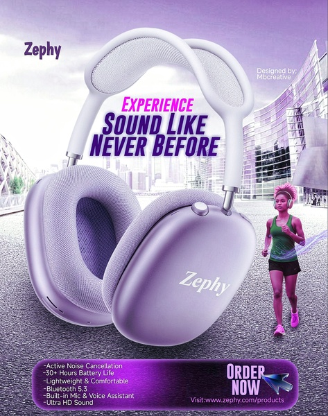 A high-contrast lifestyle ad showing wireless headphones alongside a jogger, highlighting core technical features like noise cancellation and battery life.
