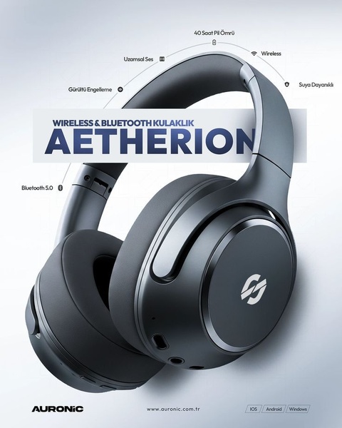 A clean, high-contrast studio shot of bluetooth headphones with annotated technical specifications using lines and icons.