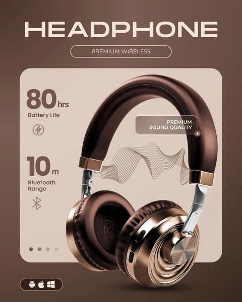 A clean, studio-quality product ad for wireless headphones that uses minimalist typography to call out specific technical specs like battery life and range.