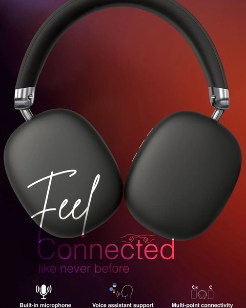A clean, dark-themed ad for over-ear headphones highlighting key features like built-in microphone, voice assistant support, and multi-point connectivity.