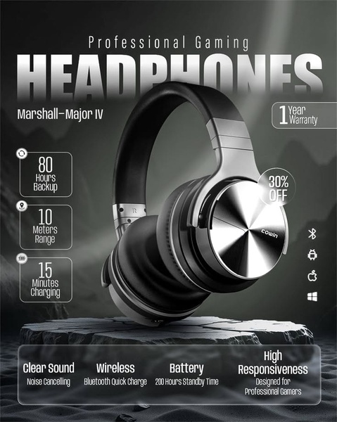 A dark-themed professional product display highlighting technical specifications like battery life, range, and fast charging for gaming headphones.
