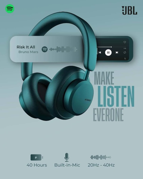 A sleek, clean product-focused ad showcasing headphones integrated with a digital music player interface, highlighting key technical features like battery life and mic functionality.