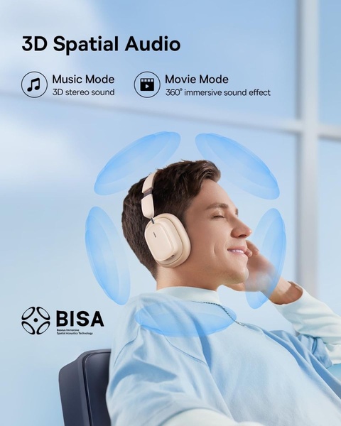 A clean, minimalist product shot showing a user wearing headphones with clear graphical indicators of 360-degree spatial audio coverage.