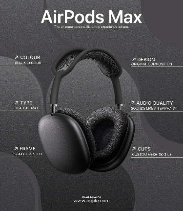 A high-contrast, professional product shot of headphones paired with a structured technical specifications grid.