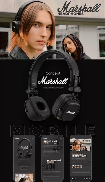 A split-screen creative showcasing a lifestyle model wearing the wireless headphones above a detailed breakdown of product features and specs on mobile screens.