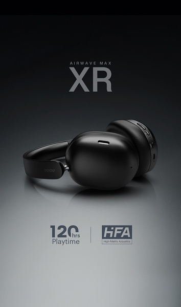 A high-end studio shot of the Airwave Max XR wireless headphones set against a dark, moody background with key features highlighted.