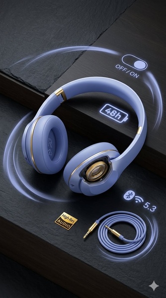 A high-end product showcase featuring wireless headphones floating in a 3D space with key technical specs like 48h battery life, 5.3 Bluetooth, and High-Res audio connectivity.
