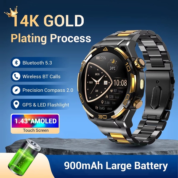 smartwatch, digital watch, fitness tracker, touchscreen watch, smart wrist watch, product demo, minimalist, bold, luxurious, blue, gold, black