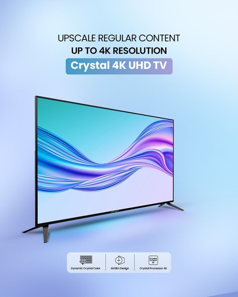 A clean, minimalist product ad for a 4K UHD TV highlighting resolution upscaling, color technology, and slim hardware design.