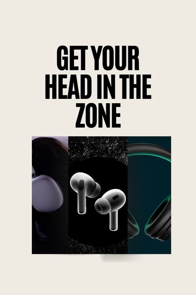 A clean, high-contrast, three-panel creative showcasing different headphone styles with bold, direct typography.