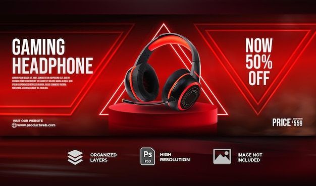 A sleek, high-contrast promotional banner for gaming headphones featuring a 50% discount callout and a central product display.