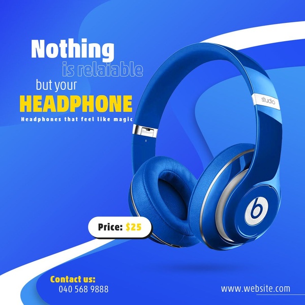A high-contrast product advertisement for headphones using a bold blue color palette and clear, minimalist typography to highlight a discount offer.