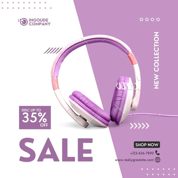 A square promotional ad for headphones featuring a clear 35% off sale discount and a clean, minimalist split-tone aesthetic.