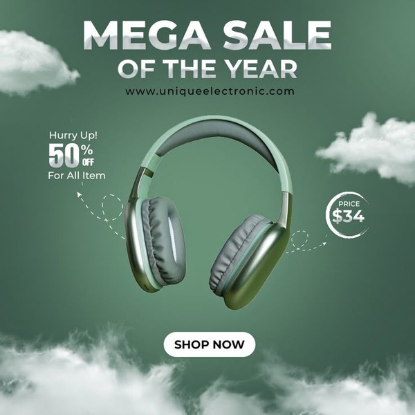 A clean, minimalist product-led ad featuring headphones floating against a soft green background with clouds and clear promotional text.