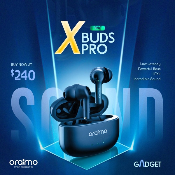 A square ad creative featuring wireless earbuds centered in a glowing blue neon frame, highlighting technical specifications and a clear price point.