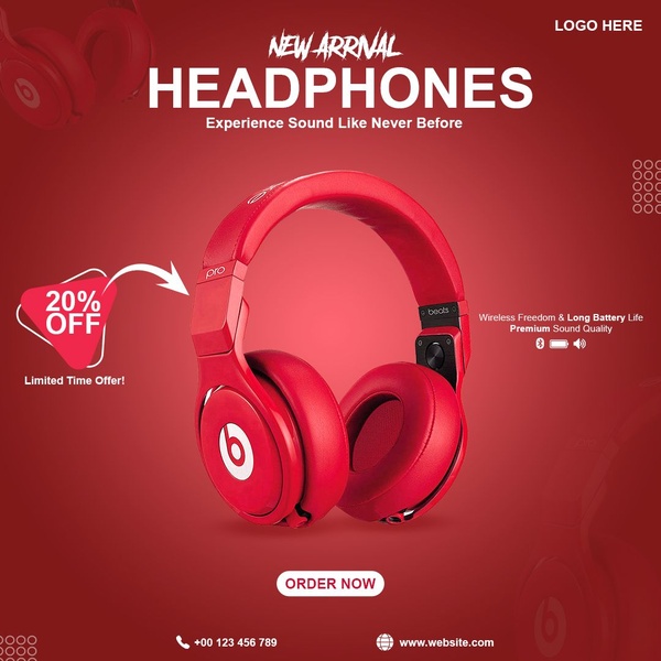 A high-impact promotional graphic for headphones featuring a bold red color scheme and a prominent 20 percent off discount callout.