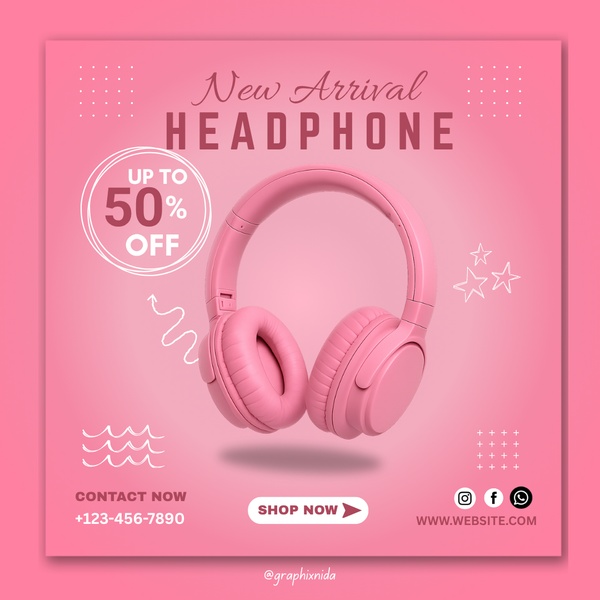 A clean, minimalist 1:1 social media ad showcasing a new headphone model in a consistent pink color palette, featuring a prominent 50% discount offer.