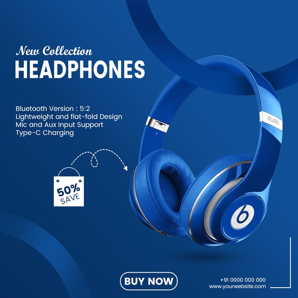 A clean, direct offer ad for headphones featuring a bold 50% off discount and technical specifications.