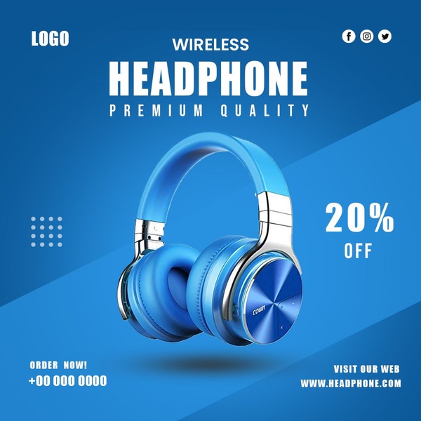 A clean, high-contrast product advertisement featuring a studio-shot wireless headphone with a clear 20% discount offer.