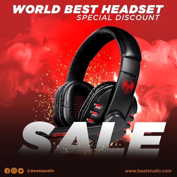 This static square creative features a high-contrast product shot of a gaming headset against a dramatic, smoke-filled red background with bold sale messaging.