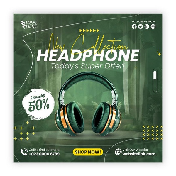 A square ad creative featuring professional studio-lit headphones centered on a product pedestal with a prominent 50% off discount badge.