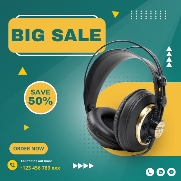 A clean, high-contrast promotional creative featuring a pair of headphones with a bold yellow 'Big Sale' callout and a 'Save 50%' offer.