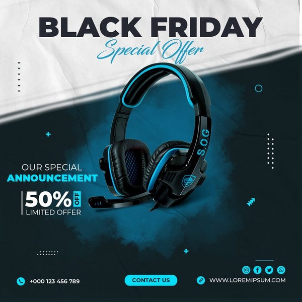 A focused promotional graphic for a gaming headset featuring a 50% off discount announcement, high-contrast blue and black color palette, and clear call-to-action buttons.