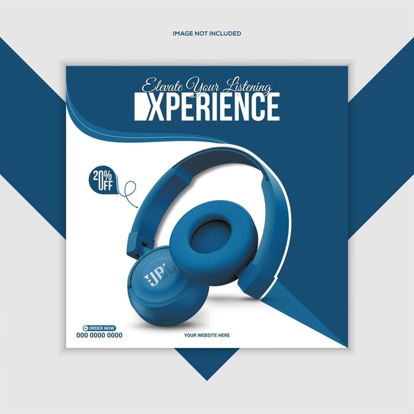 A square-ratio promotional ad featuring high-quality blue over-ear headphones with a 20% discount offer.