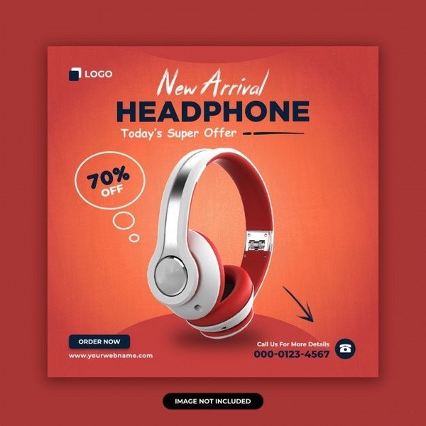 This creative uses a bold red background and a clean, centered product shot to highlight a 70% discount offer for headphones.