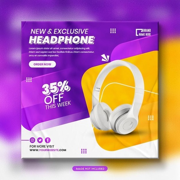 A high-contrast, square social media ad showcasing a pair of headphones with a bold 35% off discount offer.